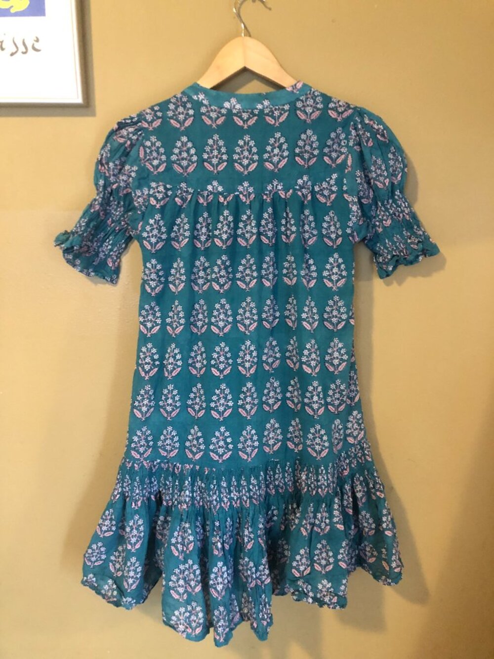 Oliphant turquoise pink leaf block print smocked drop waist mini dress - Picture 3 of 4